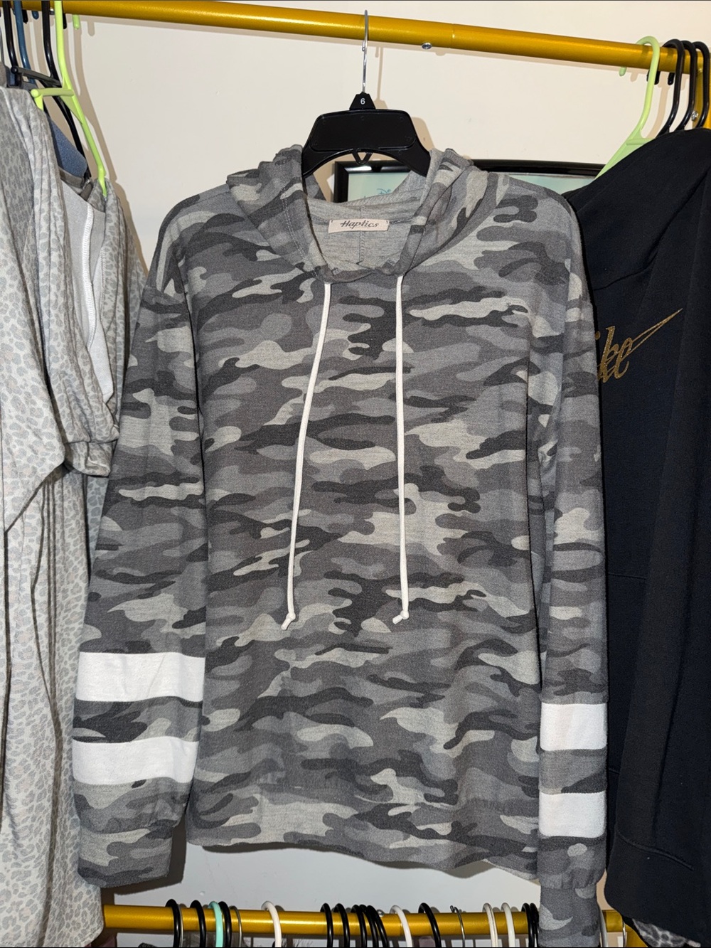 Apt. 9 Gray Camo Crewneck Hoodie with White Sleeve Stripes